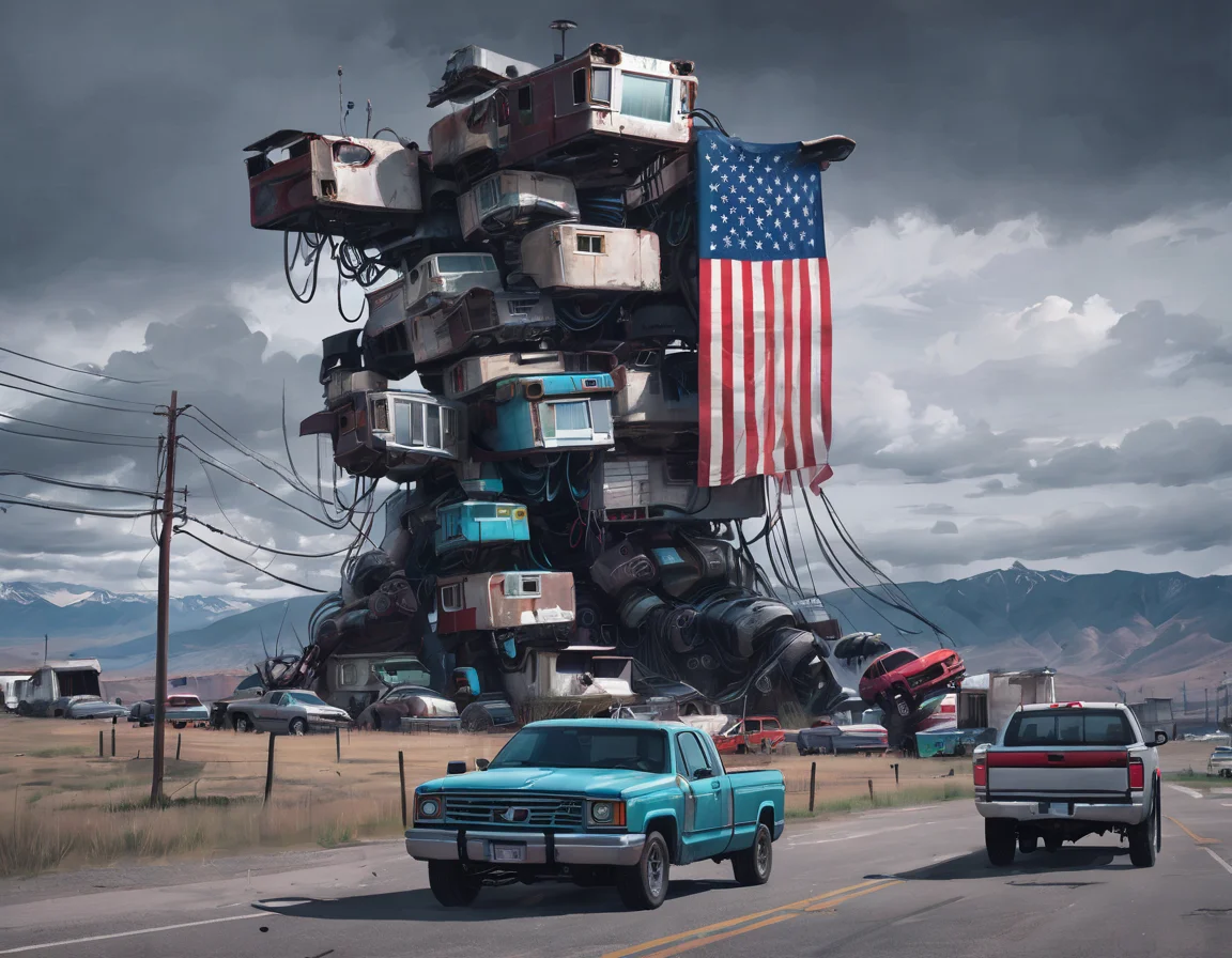 <lora:ssta:0.4>ssta, road, grass, truck, cars, trailer homes stacked with gigantic robot parts, mountains, clouds, american flag, wires, cyberpunk, ruins, technofuturistic ghetto, alien