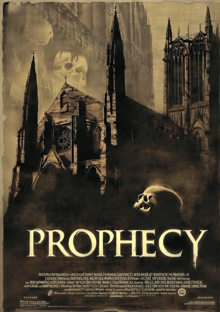 cinexart (title: "prophecy") human skull in the background of the cathedral, movie poster <lora:cinexart:1>