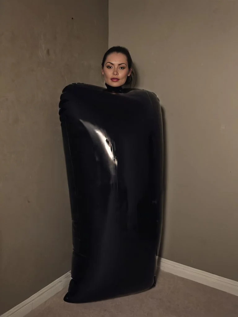 woman in shiny black infltltx sack, standing against wall, dark room, small room, closet door, dark, moody, dim, amateur photo, <lora:infltltx:1>