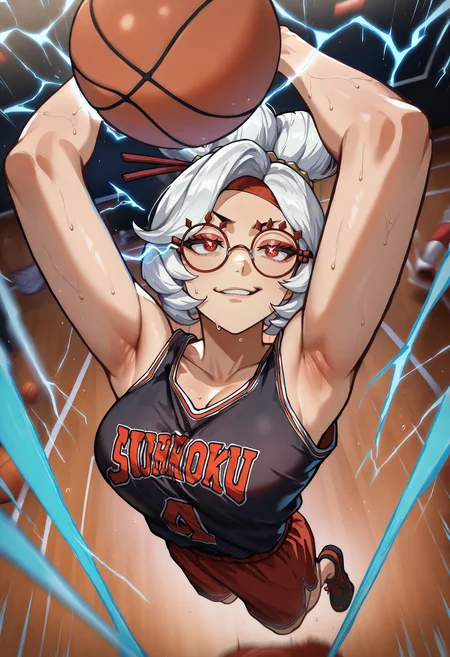 masterpiece, best quality, newest, absurdres, highres, basketball uniform, black uniform, motion lines, motion blur, 1girl, high ponytail, basketball, holding basket, character name, eye trail, electricity, indoors, (purah:0.7), smirk, glasses, jumping, shoes, full body, arms up, slam dunk \(basketball\), dutch angle, from above,