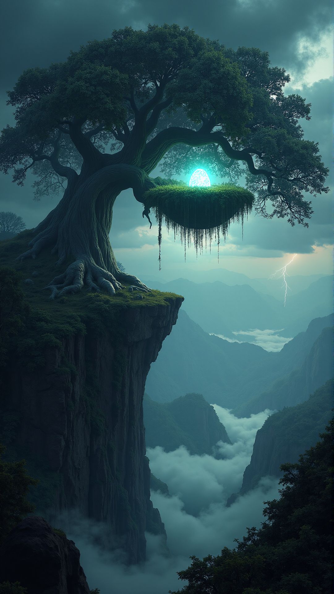 A colossal, ancient tree stands at the edge of a cliff, its roots intertwined with the rocks below. In its branches, an enormous nest cradles glowing eggs, pulsating with an otherworldly light. Below, a dense, fog-filled forest stretches out as far as the eye can see. The sky is filled with dark, swirling clouds, and distant thunder rumbles ominously. Highly detailed, mythological themes, dark fantasy, photorealistic, breathtaking, epic composition, 16k resolution. 
,  <lora:ImageUpgraderV2:0.55> ,detailmaximizer,
<lora:aidmaMJ6.1-FLUX-V0.1:0.85>,midjourneyv6.1