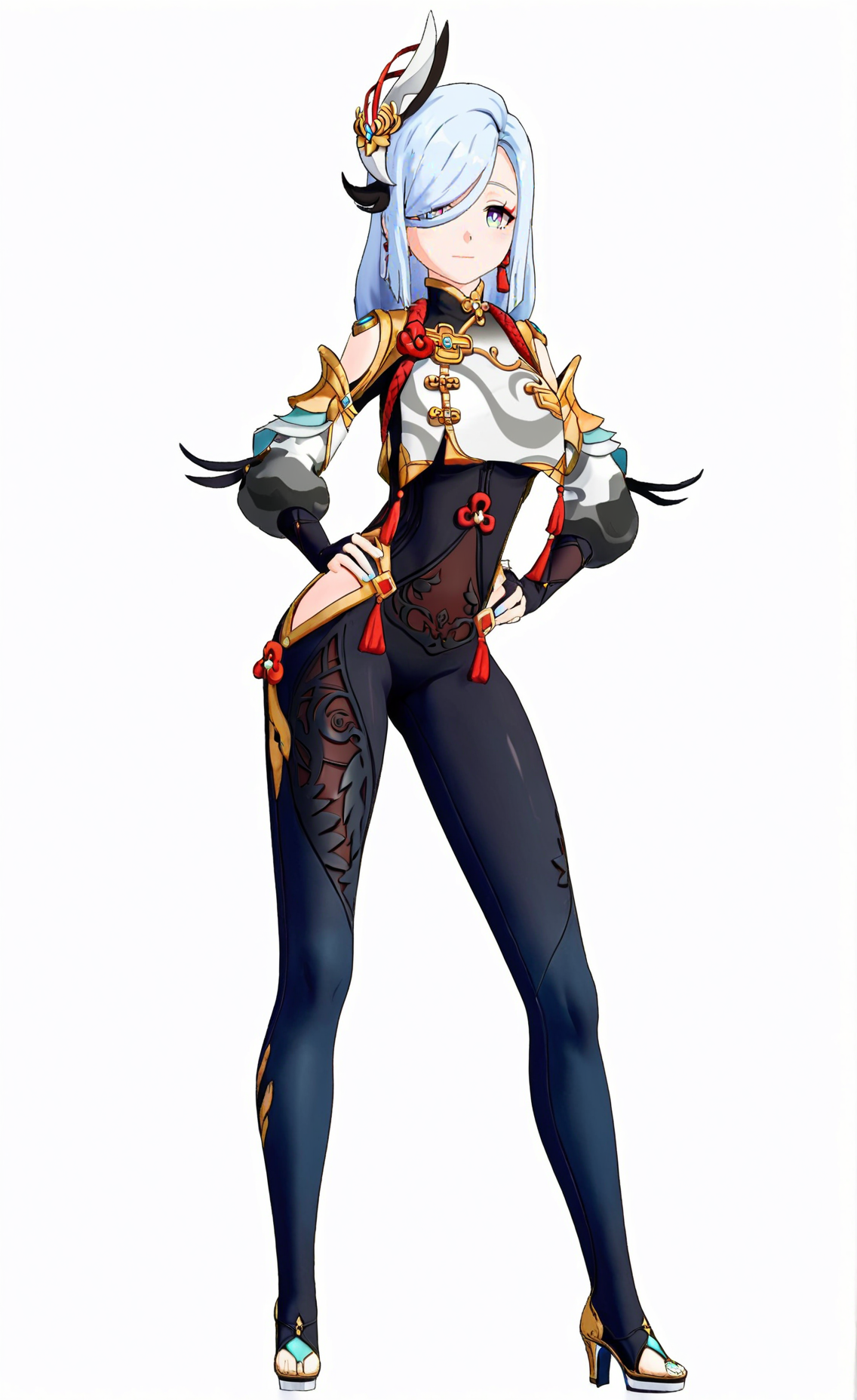 score_9, score_8_up, score_7_up, score_6_up, 8k, 
8k, best quality, masterpiece, (ultra-detailed), (high detailed skin), white background, simple background, 
(full body), (white background), standing, looking at viewer, (solo), hand on hip, 
<lora:ganshenxian-kohaku-Tanger-000010:0.8>, shenhe \(genshin impact\), Shenhe's def clothes, 1girl, long hair, hair over one eye, hair ornament, bodysuit, 
full_shot, <lora:xl_figure style(kohaku_Delta)6:0.1>, figure style, photorealistic, photo \(medium\),