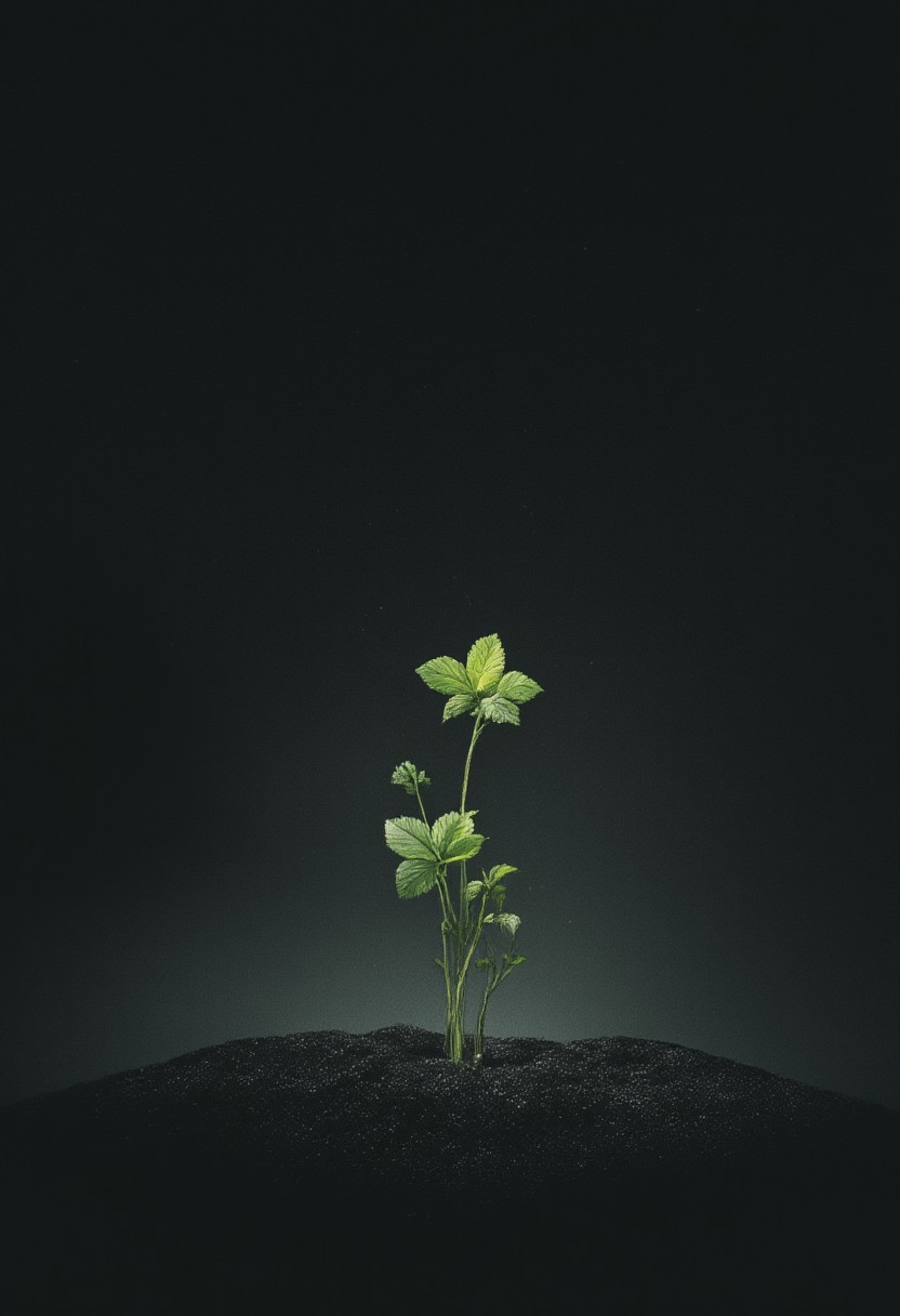 Glwoing minimalistic sprout in a starry sand filed, dark sand