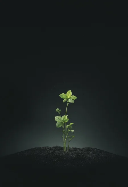 Glwoing minimalistic sprout in a starry sand filed, dark sand