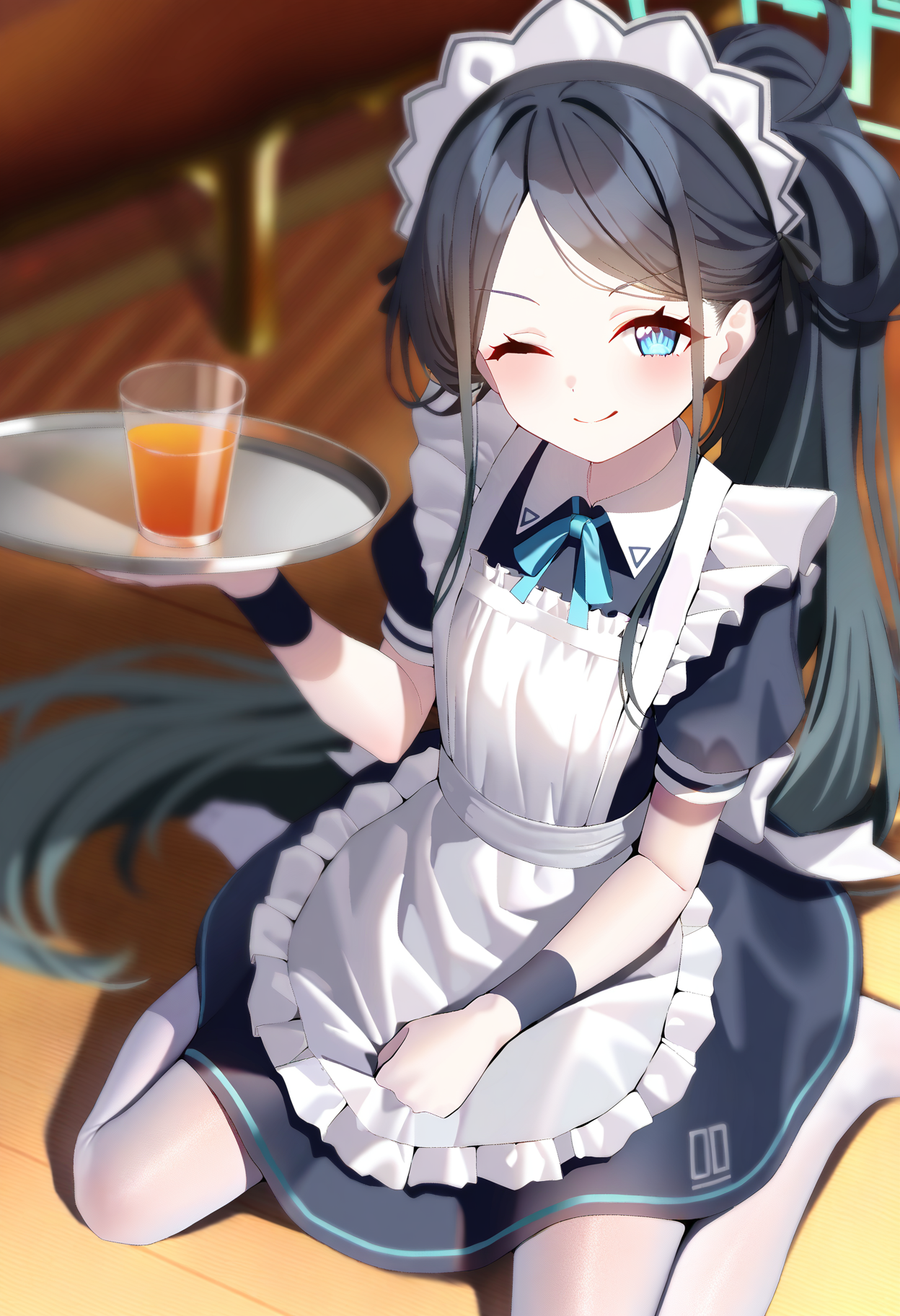 1girl,aris \(maid\) \(blue archive\),<lora:mx2j style locon:1>,mx2j style,school uniform,looking at viewer,one eye closed,smug,giggling,wariza,holding tray,cup,masterpiece,best quality,very aesthetic,highres,absurdres,