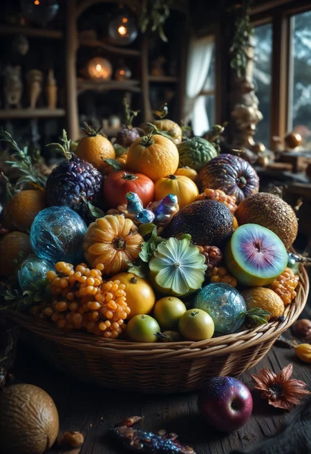 Create a detailed UHD image of a rustic wooden table inside a cozy cabin, featuring a basket overflowing with exotic alien fruits from another planet. The fruits should have unique and vibrant colors, unusual shapes, and intriguing textures, showcasing their otherworldly origins.  Include fruits that combine a smooth, banana-like shape with a juicy, tomato-like texture, glowing translucent grapes in shades of blue and green, an icy cantaloupe with minty green flesh, star-shaped limes with a shiny green exterior, a deep violet pod with creamy purple pulp, and metallic apples with an iridescent sheen. The setting should evoke a warm, inviting atmosphere with the contrast between the earthy wooden table and the vivid, fantastical fruits.
Midjourney_Whisper