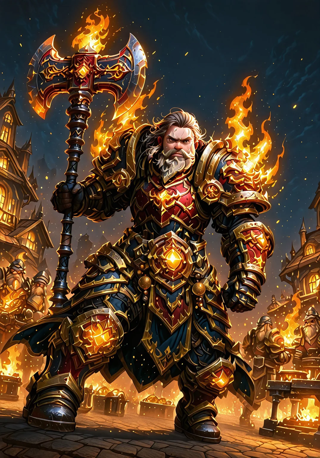 masterpiece, best quality, ultra-detailed, absurdres, 64K, high resolution, concept art, official art, illustration, fantasy illustration, very aesthetic, highly detailed, beyond intricately detailed, stylized, stunning, smooth quality, colorful, digital artwork, abstract, HDR, raytracing, high contrast, dramatic shadows, depth of field, glow, ornate design, sharp focus, highly detailed face, (full-body:1.2), character-focused scene, BREAK,
(Dutch angle, action shot:2),
(Dwarf, short stature, male, wearing wicked draconic red and gold plate armor set, his long light brown hair and beard accented with ornamental golden beads and dark brown shadows, his shoulders forged in dark iron to depict dragon style heads are accented with red metal and golden trim, golden runemagic covers his body and armor, strong facial expression, strong colors, dark background, sweat glistening on his skin, standing with a large forge hammer, he poses in front of his blacksmith shop, the fire of the forge glowing brightly behind him dancing dramatically off of his large and heavy smithing iron, action-combat stance, dynamic pose:1.6),
