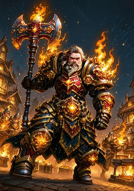 masterpiece, best quality, ultra-detailed, absurdres, 64K, high resolution, concept art, official art, illustration, fantasy illustration, very aesthetic, highly detailed, beyond intricately detailed, stylized, stunning, smooth quality, colorful, digital artwork, abstract, HDR, raytracing, high contrast, dramatic shadows, depth of field, glow, ornate design, sharp focus, highly detailed face, (full-body:1.2), character-focused scene, BREAK,
(Dutch angle, action shot:2),
(Dwarf, short stature, male, wearing wicked draconic red and gold plate armor set, his long light brown hair and beard accented with ornamental golden beads and dark brown shadows, his shoulders forged in dark iron to depict dragon style heads are accented with red metal and golden trim, golden runemagic covers his body and armor, strong facial expression, strong colors, dark background, sweat glistening on his skin, standing with a large forge hammer, he poses in front of his blacksmith shop, the fire of the forge glowing brightly behind him dancing dramatically off of his large and heavy smithing iron, action-combat stance, dynamic pose:1.6),