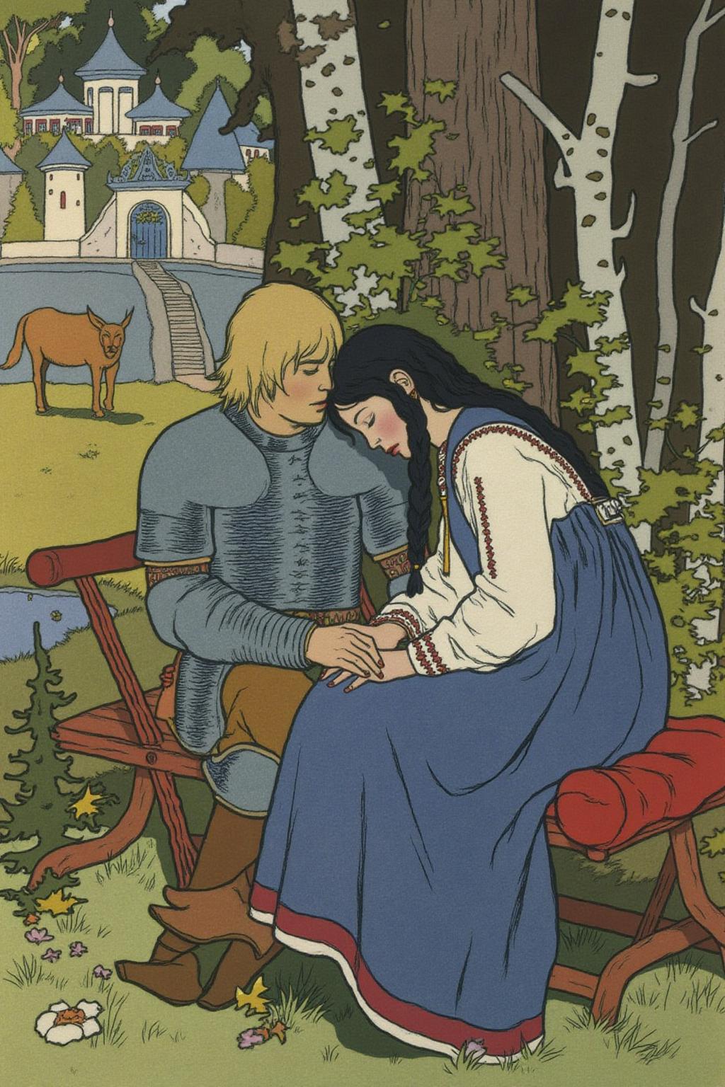 ivanbilibin1 illustration. 
A blonde knight and a lady sitting under a tree. The lady has dark hair and is wearing a blue dress. The knight is sleeping with his head on the leg of the lady  <lora:ivanbilibin1_cap_d6a3:1.0><lora:835907048194535525:0>