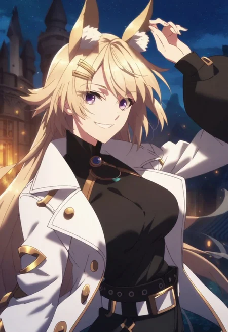 fatego,
score_9, score_8_up, score_7_up, score_6_up, solo, source_anime, 1girl, outdoors, looking at viewer, purple eyes, animal ears, animal ear fluff, blonde hair, hair ornament, hairclip, large breasts, tail, jacket, white jacket, long sleeves, open clothes, open jacket, shirt, black shirt, jewelry, belt, dynamic pose, smile