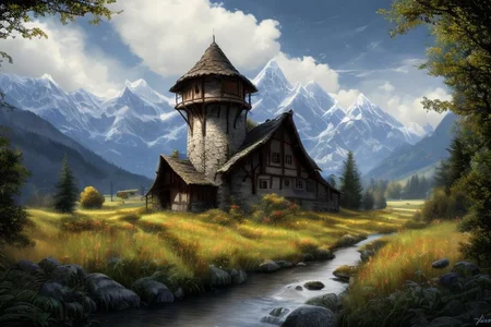 realistic analog photo, award winning photo,
fantfa, background, mountain, stream, trees, foreground, field, house, farm, witow, a wizard watch tower,
high-quality, crisp, sharp, professional-grade, high-resolution, fine detail, accurate colors, low noise, fast shutter speed, wide dynamic range, precise focus, RAW, highres, 8k, uhd, High Dynamic Range, tonemapping, crisp details,