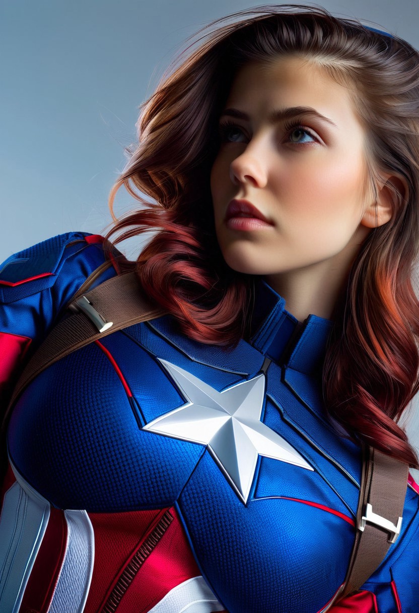 A photorealistic portrait of a lone woman, focusing on her upper body, dressed in a Captain America costume, with intricate details on the star-spangled suit, her expression confident and determined, set against a muted, patriotic color palette with soft, cinematic lighting, captured from a slightly low angle to emphasize her heroic presence.
