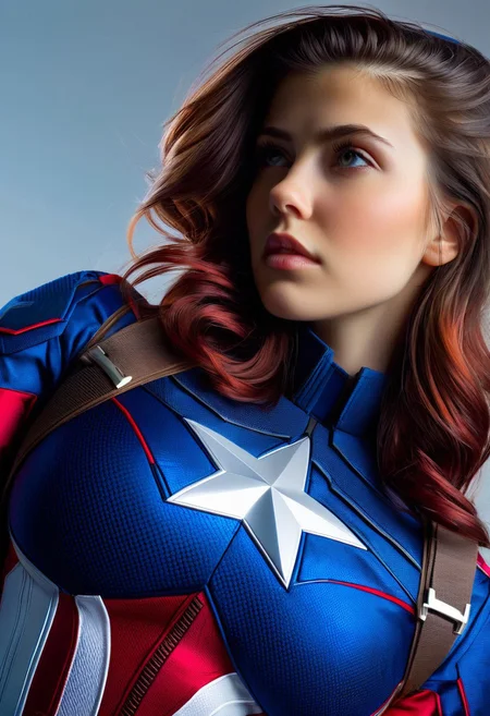 A photorealistic portrait of a lone woman, focusing on her upper body, dressed in a Captain America costume, with intricate details on the star-spangled suit, her expression confident and determined, set against a muted, patriotic color palette with soft, cinematic lighting, captured from a slightly low angle to emphasize her heroic presence.