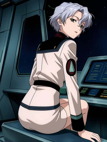 masterpiece,best quality,newest,
1girl,solo,anime screencap,
<lora:Sally_Saint_Ford_ilxl_v1.1:1>,s_s_f,grey hair,brown eyes,mole under mouth,s_clothes,pencil_skirt,
<lora:Fixhands_anime_bdsqlsz_V1:1>,spacecraft,cockpitheadset,science fiction,sitting,fake screenshot,from behind,looking_back,face_focus,