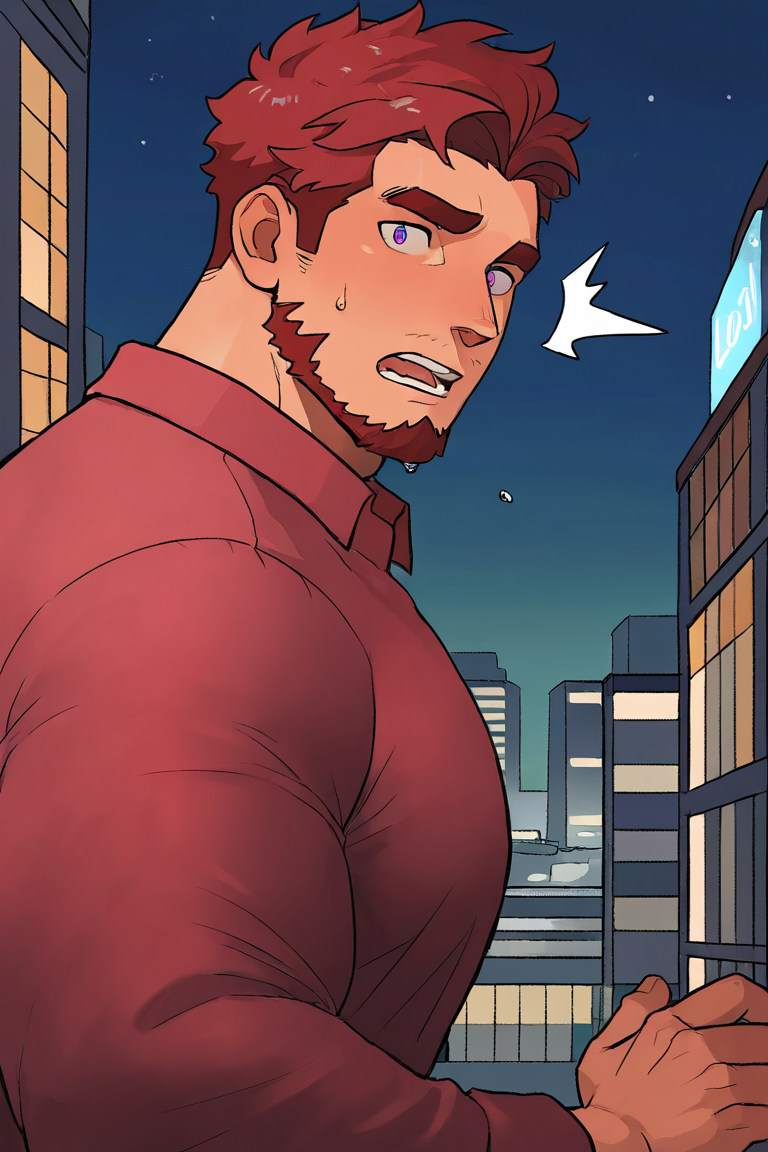 masterpiece, best quality, highres, newest, 1boy, bara, solo, male focus, mature male, short hair, red hair, purple eyes, looking at viewer, upper body, surprised, raised eyebrows, open mouth, standing, red collared shirt, lond long sleeves, outdoors, city, building, night, night sky <lora:OIS - Bara Style 4 [LoRA] - NoobAI-XL EPS 1.0:0.7>
