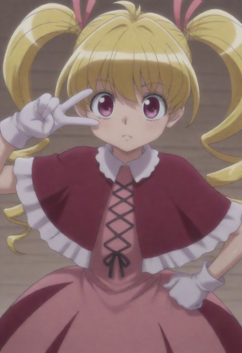 masterpiece, best quality, amazing quality,,, shiny skin,,,,,, <lora:IlluBiscuit:1> illubiscuit, blonde hair, long hair, twintails, drill hair, purple eyes,, white gloves, v over eye, hair ribbon, capelet, dress,