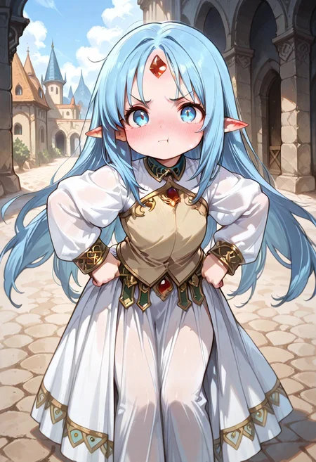 masterpiece, best quality, good quality, very awa, very aesthetic, absurdres, newest, gr4ph1t3, beautiful eyes, perfect eyes, detailed eyes, 1girl, solo, eset_kalar_il ,pointy ears,blue hair,long hair,red gem forehead, cute, looking at viewer, blush, pout, annoyed, full face blush, cheeks puffy cheeks, very cute, hands on hip, leaning foraward, closeup, outdoors, intown, fantasy