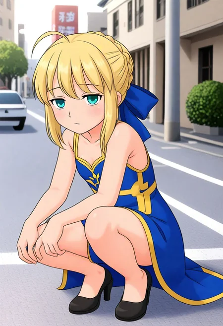 <lora:Hyper-SDXL-8steps-lora:1><lora:Fixhands_anime_bdsqlsz_V1:1>
zPDXL2, outdoors, city, tokyo, japan, 
downblouse, squatting, Sleepy, Drooping eyelids, half-closed eyes, and a slightly dazed expression.,
1girl, solo, clothed, artoria pendragon \(fate\), blonde hair, long dress, blue dress,
 <lora:artist-k02_XL(pony)v10:0.9>