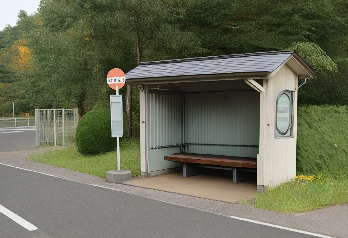 basutei, bus stop, scenery, no humans, real world location, tree, outdoors, sign, bench, road, day, fence, building, sunlight, rural, street, shade, bush, realistic, grass, plant, nature, house, japan, photorealistic, forest, 
photo background,
masterpiece, best quality, amazing quality, very aesthetic, absurdres, newest,
 <lora:sc_bustei_illustrious_V1L:1>