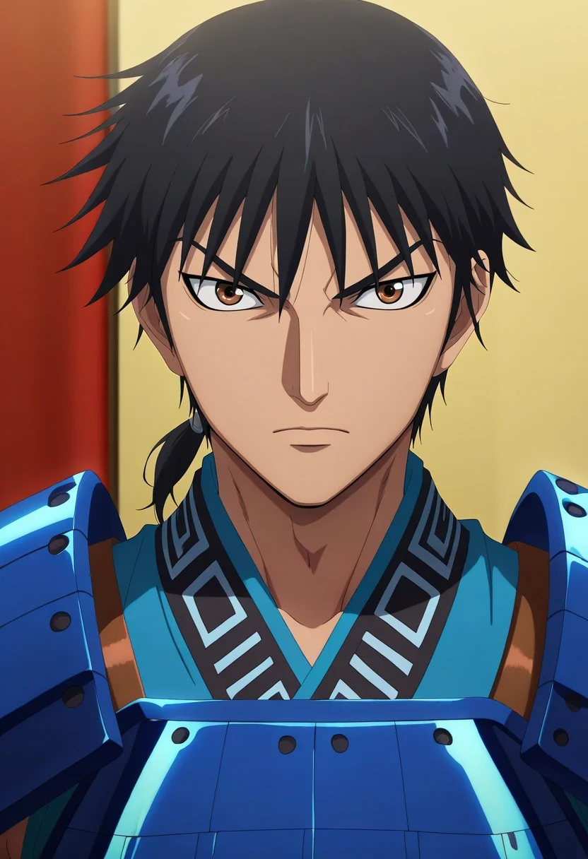 masterpiece, best quality, , anime screencap, anime coloring, , looking at viewer, , 1boy, solo, male focus, <lora:xin_kingdom_ilxl:0.92>, xin_kingdom, black hair, brown eyes, short hair, low ponytail, , armor, ,