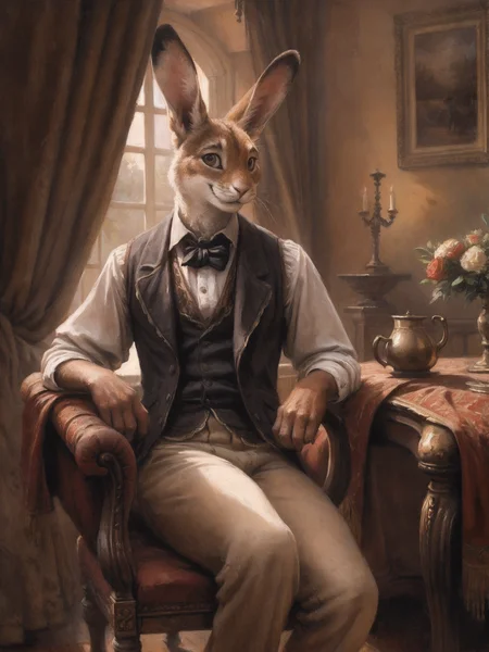 victorian theme, lagomorph, muscular rabbit, fancy vest, clothing, smile, in a lavish victorian room, vintage decoration, warm lighting, by kenket, Tim Walker, John William Waterhouse