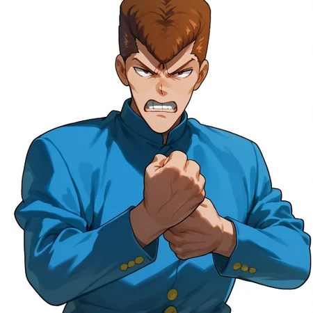 score_9, score_8_up, score_7_up, score_6_up, white background, 1boy, kuwabara, brown hair, male focus, solo, clenched teeth, clenched hands, pompadour, gakuran, school uniform