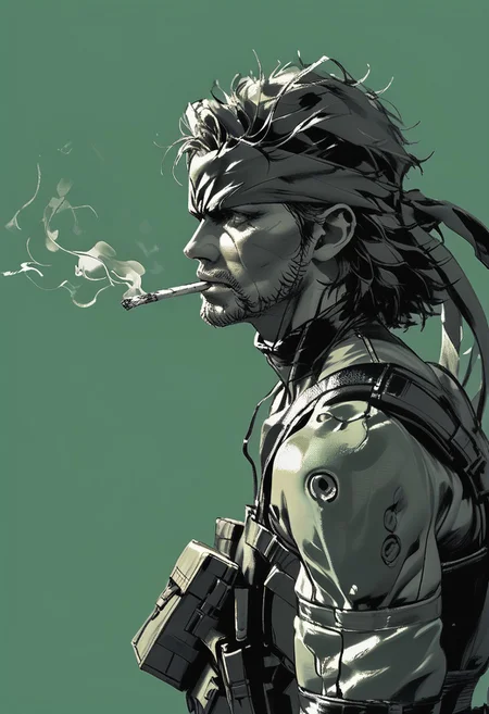 zPDXL2, score_9, score_8_up, score_7_up, rating_safe, best quality, masterpiece, very aesthetic, absurdres, intricate details, yoji_shinkawa, (monochrome, green theme:1.2), oil painting \(medium\), (sketch:1.1), ink \(medium\), half side view, three-quarter view, mature male, 30 yo, solo, solidsnake, short hair, beard, facial hair, headband, bodysuit, gloves, harness, belt pouch, (headgear:1.2), upper body, simple background, smoking, (cigarette:1.1), smoke, looking ahead, (mouth hold:1.1)