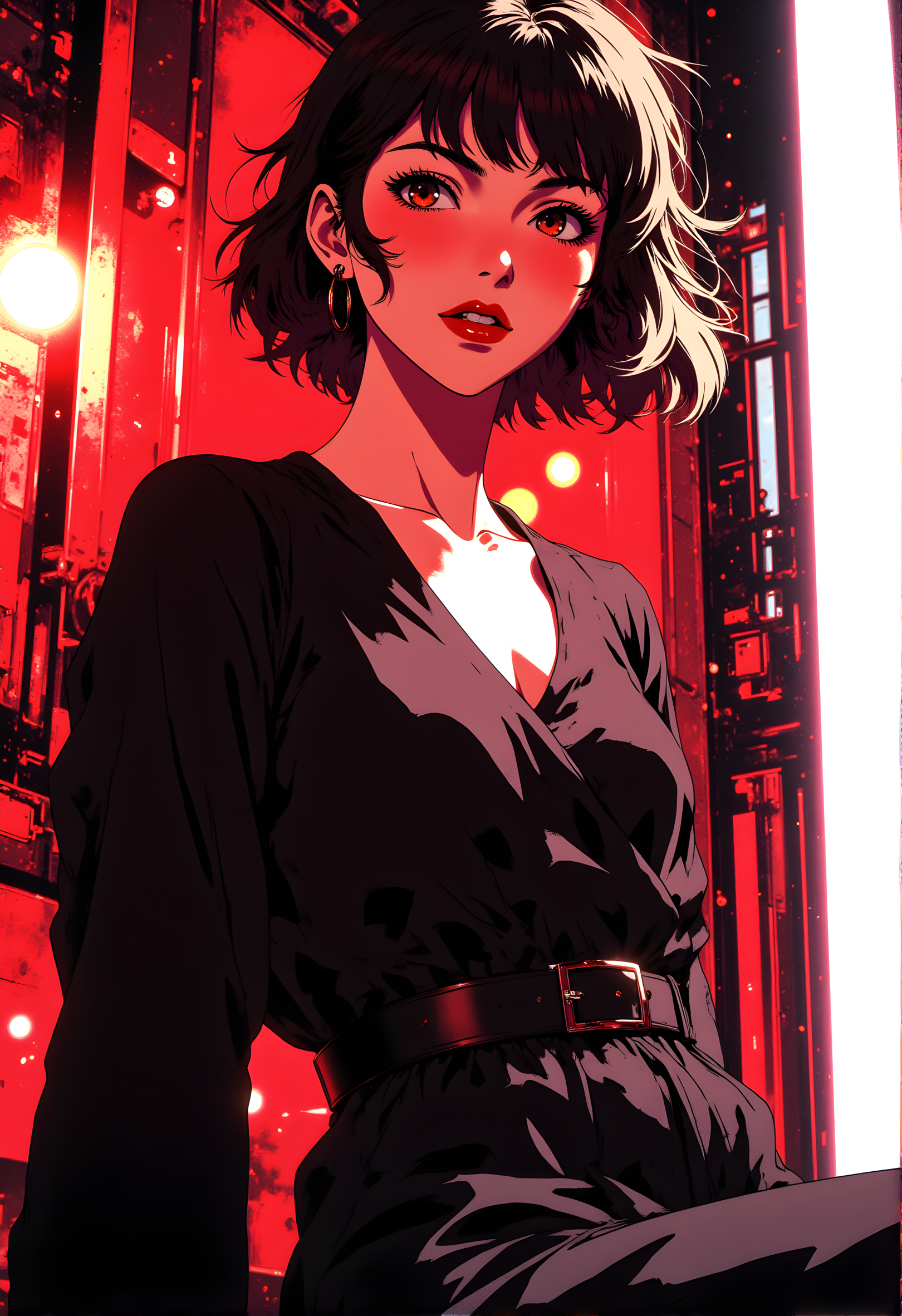 A striking and stylish character set against a vibrant, urban backdrop. The individual has short, tousled black hair with subtle highlights, giving it a dynamic and edgy appearance. Their bold red lipstick contrasts sharply with their fair skin, adding intensity to their gaze. The person is dressed in a sleek, dark outfit that includes a fitted top with a deep neckline and a high-waisted skirt cinched by a belt. The background is dominated by bright red lighting, which casts dramatic shadows and enhances the overall cyberpunk aesthetic. The setting appears to be an industrial or futuristic environment, with metallic structures and glowing lights contributing to the scene's moody and atmospheric tone. The combination of the character's confident posture and the vivid surroundings creates a powerful and visually captivating image.
j_art, anime, anime art, <lora:FLUX\jul\J_Anime:0.7>, <lora:FLUX\RealAnime:0.7>