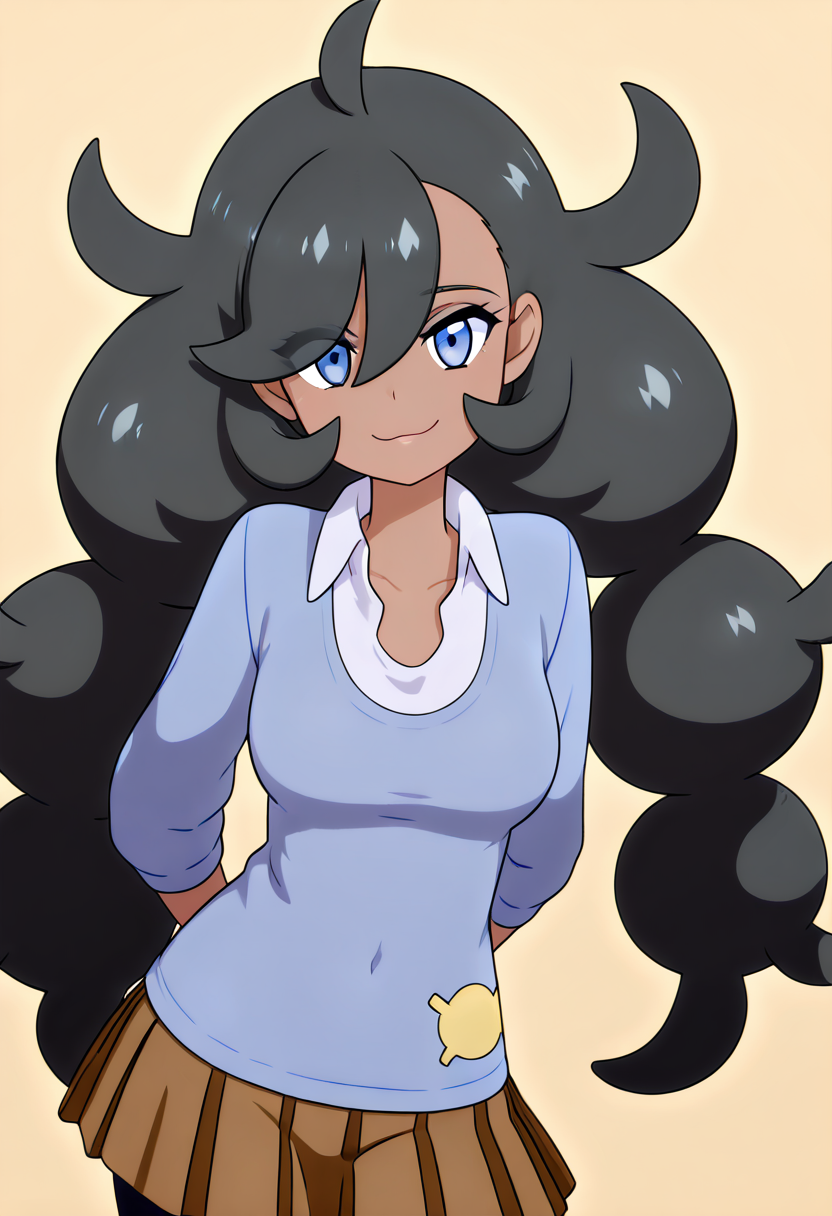 masterpiece, best quality, 1girl, solo, looking at viewer, smile,    zzEmma, blue eyes, long hair, black hair, dark skin, twintails, hair between eyes, hair over one eye,  white shirt, collared shirt, blue sweater, brown skirt, pleated skirt, black pantyhose,   <lora:EmmaPokemon_IXL_v1:1.0>, , smile, looking at viewer, cowboy shot, leaning forward, smug, aged up, <<lora:MantisIXL_v2:0.8>,