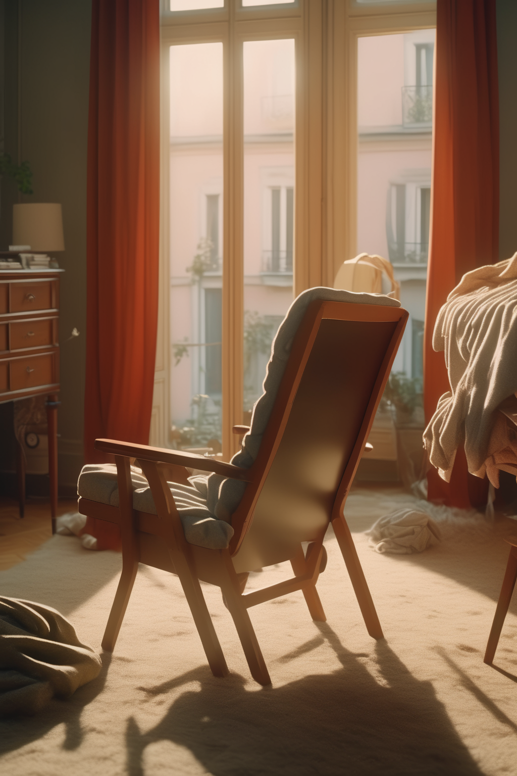 <lora:Director Lars von Trier style:1>Director Lars von Trier style - open shot, pov (chair with a pile of clothes over with a modern, clean and tidy bedroom background) natural light, in the style of fujifilm pro 400h, viennese actionism, sony fe 60 mm f 1.4 gm, Unreal Engine 5, Cinematic, Color Grading, Photography, Photoshoot,  1 1000, F 22, White Balance, 32k, Super-Resolution, Megapixel, ProPhoto RGB, VR, Large, Epic, Artgerm, Half Backlight, Backlight, Daylight, Incandescent, Fiber Optic, Moody Lighting, Cinematic Lighting, Studio Lighting, Soft Lighting, Backlighting, Dark Lighting, Scenery Lighting sharpening, global illumination, screen space global illumination, ray tracing global illumination, red edge light, 45% cool color calibration, optical, diffusion, glowing, shadows, rough, shimmer, tracing reflections Rays, Light Reflections, Screen Space Reflections, Diffraction Gradation, Chromatic Aberration, Scan Lines,  Ambient Occlusion, FKAA, TXAA, RTX, SSAO, Shaders, OpenGL-Shader s, GLSL-Shaders, Post-processing, Post-production, CGI, VFX, SFX, incredibly detailed and complex, hypermaximalistic, elegant, hyper realistic, super detailed,