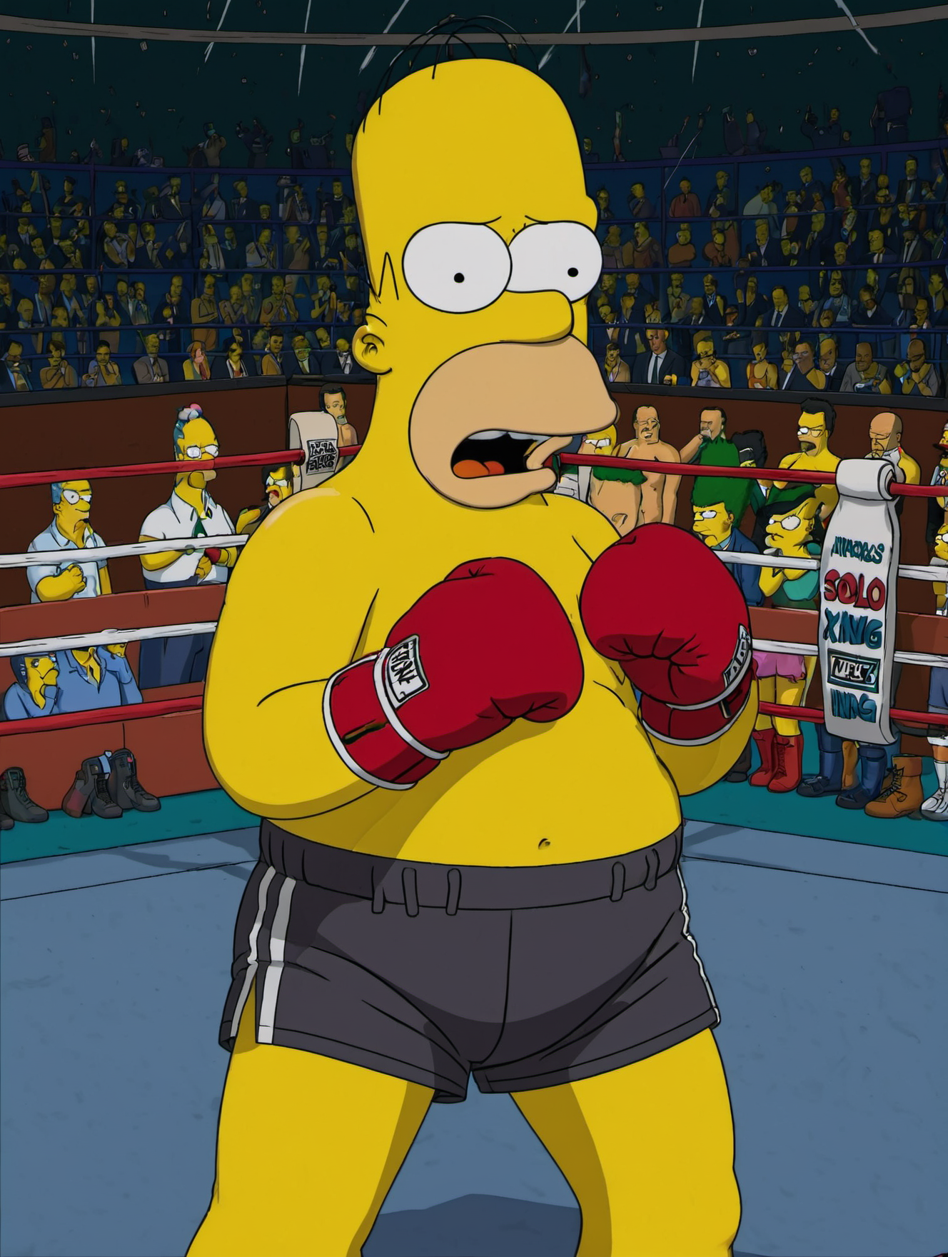 (best quality, high quality:1.2),the simpsons,
ohwx man,solo boxer,boxing gloves,boxing shorts,topless,(angry:1.2),narrowed eyes,stadium,(boxing ring:1.3),fighting stance,close up shot,
<lora:homer_simpson_sdxl_v1:0.8>