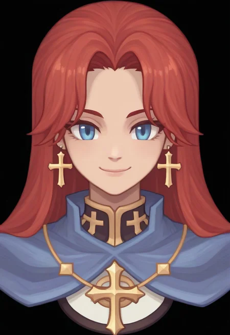 (Black background) <lora:afkArenaIllustrious:1>
afkArenaStyle, 1girl, female, solo, portrait, female focus, red hair, blue eyes, long hair, light skin, smile, looking at viewer, beautiful, blue cloak with gold trimming, cross earrings
Ragnarok online character
ROSPRITE
