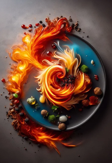 ElementsMix: fire, water, earth, and wind beautifully plated to be served at a high end restaurant, molecular gastronomy, mise en place, ornately prepared food photography, shot from above
