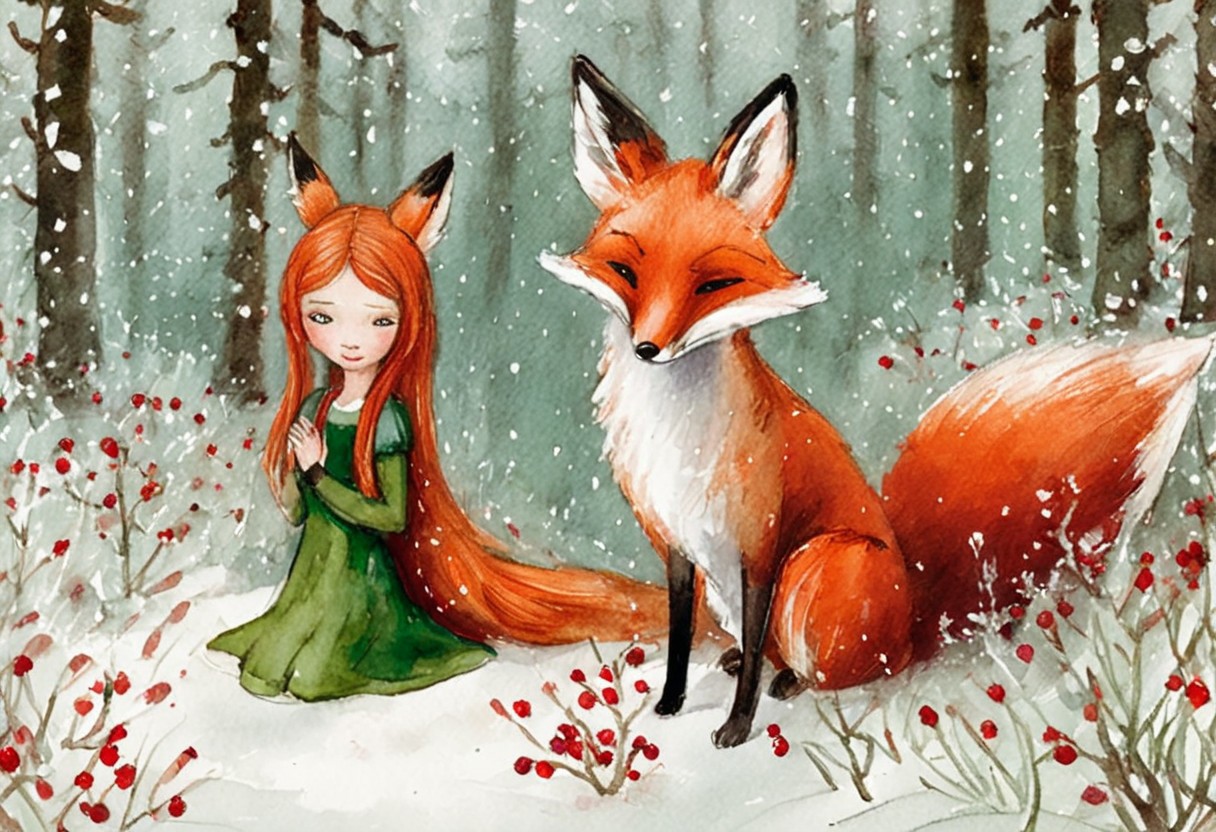 The image depicts a serene and enchanting scene of a girl and a fox in a winter forest, surrounded by snow-covered trees and red berries. The girl, with her long white hair and green dress, is sitting on the ground, leaning against the fox, which is facing away from her. The fox has a distinctive red coat with a long tail and pointy ears. painted art style,oil painting,