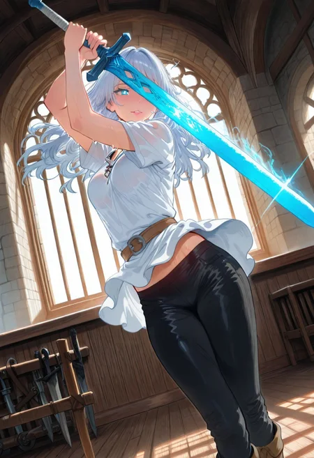 masterpiece, best quality, amazing quality, aesthetic, absurdres, newest, very aesthetic, volumetric lighting, uncensored, 8k, ultrahd, ray tracing, sharp focus,
BREAK
nsfw, ambient occlusion, intricate cinematic background, beautiful detailed face, (sexy, slutty, hot), anime_face, Hews,
BREAK
masterpiece, highly detailed, solo, beautiful eyes, big eyes, (cyan eyes, bright pupils), glowing eyes, detailed eyes, perfect eyes, detailed pupils, perfect body, (sexy lips), 1girl,
BREAK
fair skin,
BREAK
white hair, long hair, swept bangs from left, medium breasts, loose white tunic, tight black trousers, sabatons,
BREAK
dynamic action pose, standing, dynamic expressions, holding weapon, greatsword, training, swinging, sparring, sweaty, focused,
BREAK
portrait, face focus, dutch angle, full body, indoors, day, sunlight, training arena, huge windows, mirrors, weapon racks, medieval fantasy, rich color tone, tasteful layout, cinematic composition, detailed background,