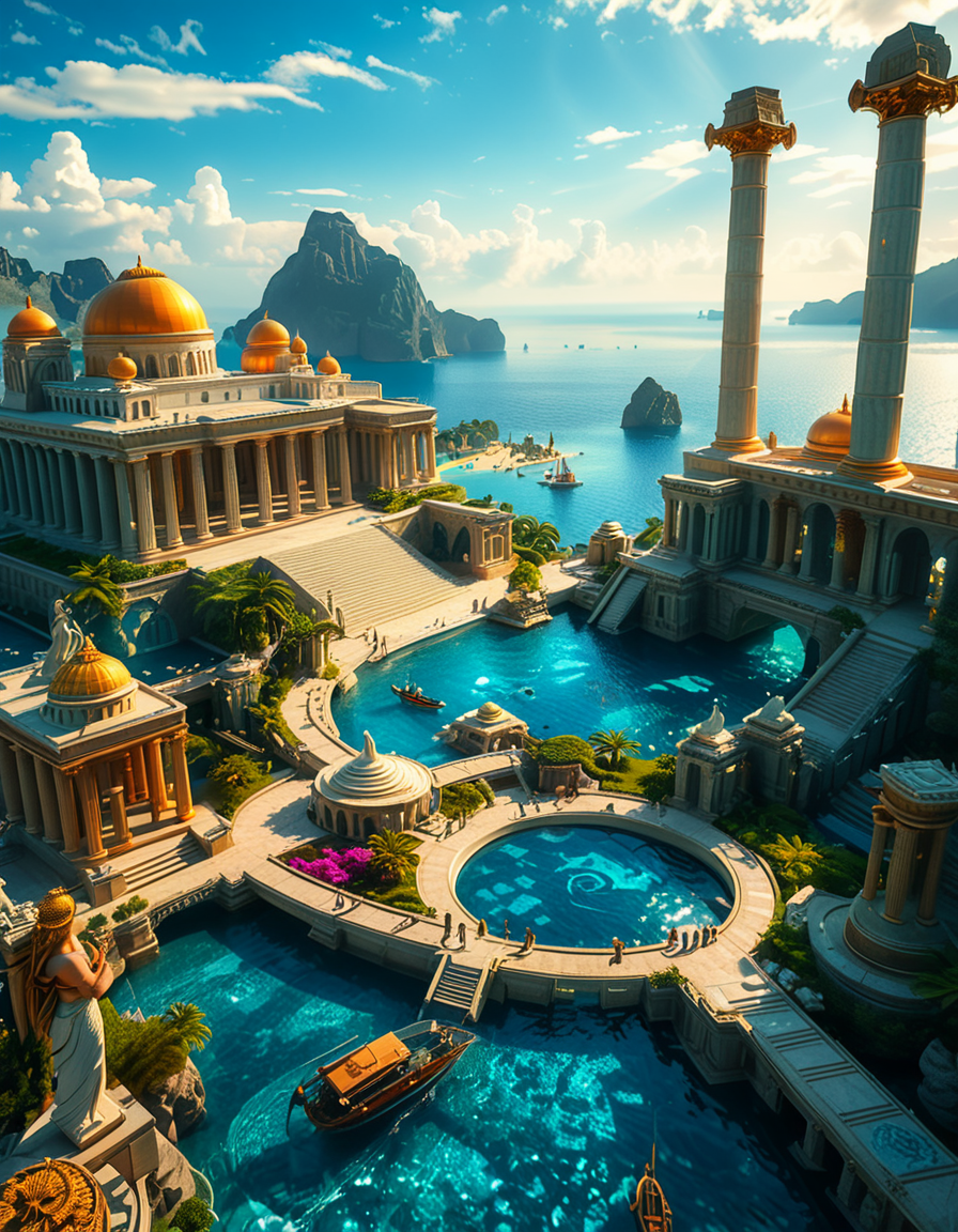 A breathtaking view of the lost city of Atlantis, submerged beneath crystal-clear ocean waters. The city showcases a magnificent blend of ancient Greek and futuristic architecture, with towering marble temples, golden domes, and intricate carvings glowing under the soft bioluminescent light of coral reefs. Majestic pillars and archways, partially covered in coral and algae, rise from the ocean floor, creating an atmosphere of mystery and forgotten grandeur. The sunlight filters through the water, casting shimmering patterns on the grand stone pathways and illuminating massive statues of gods and mythical beings, eroded by time. The scene is peaceful and awe-inspiring, with an ethereal blue glow enhancing the dreamlike, almost magical quality of this underwater utopia. No marine creatures or human presence disrupt the timeless serenity of this lost civilization.
 <lora:atl4nt1s:1>,atl4nt1s,<lora:SDXLFaeTastic2400:0.4> <lora:extremely_detailed:0.4> extremely detailed, Masterpiece,best quality,hi res,8k,hi res,8k,award winning,(sharp focus, intricate, highly detailed),