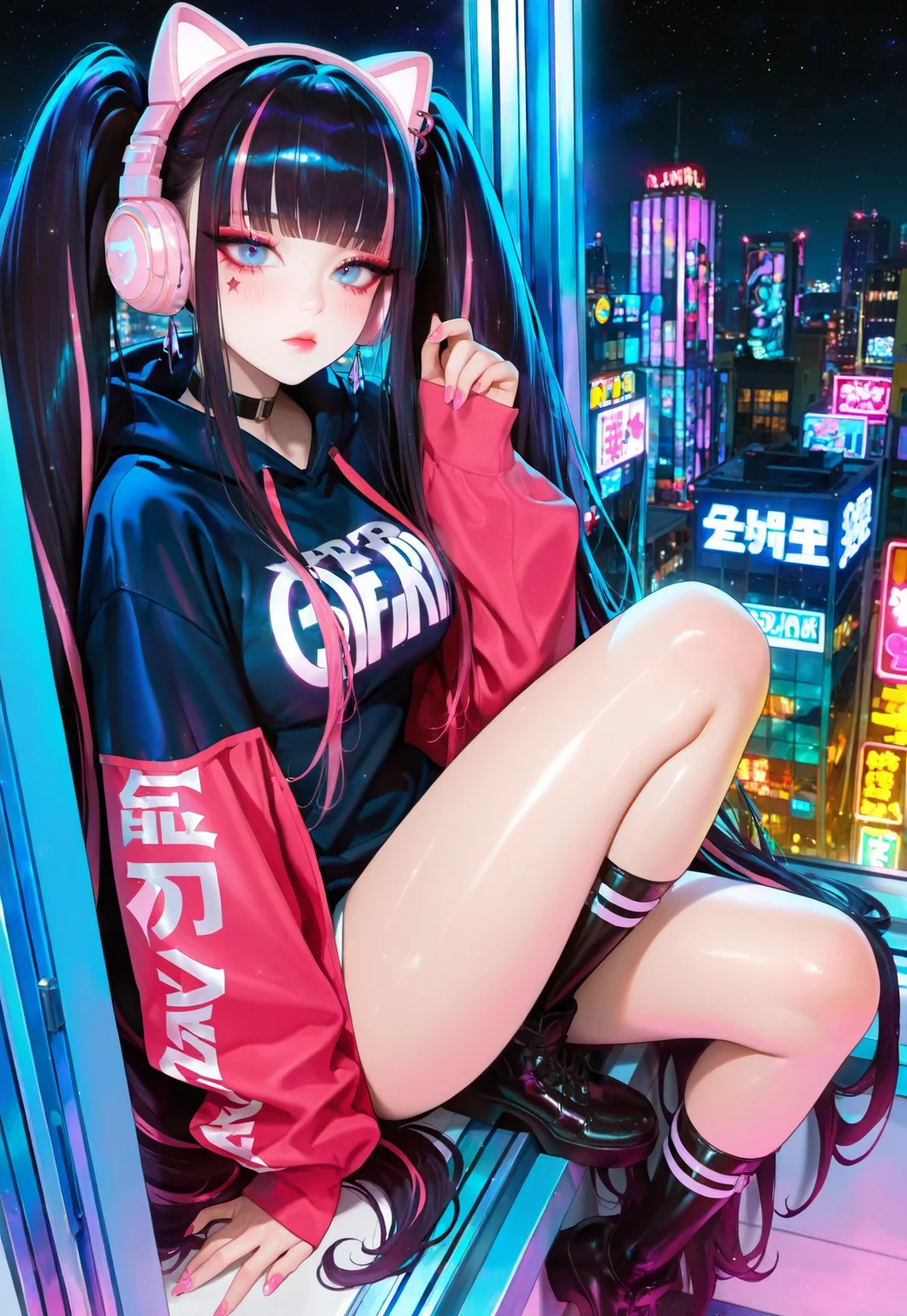 artist_moriimee, very awa, masterpiece, best quality, year 2024, newest, highres, absurdres, ((1girl)), jewelry, cat ears headphones, Asian girl, solo, silky black hair with pastel pink highlights, (egirl, e-girl, gamer girl, tsurime), earrings, medium breasts, very long hair, very long twintails, bangs, makeup, eyeliner, aegyo sal, ear-piercing, blue eyes, blush, glossy lips, pink nails, blurry background, dynamic angle,
dark night, cyberpunk city view, sitting on a windowsill, window, night, stars, skyscrapers, dark, bedroom, looking out the window, side view