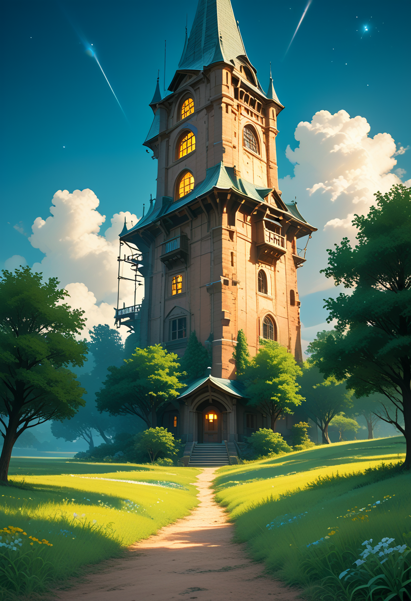 score 9, score 8 up, score 7 up,
Anime-style image of a Majestic night sky filled with countless bright stars, soft swirling clouds illuminated by faint moonlight, and delicate shooting stars trailing across the sky. A warm, cosy cabin with welcoming golden lights nestled under a grand, towering tree. Gentle light spills onto the grassy path leading to the cabin, reflecting muted blues and greens from the moonlit surroundings. Lush foliage at dusk transitions into deep blues and greens, creating a serene, magical countryside atmosphere. Hyper-detailed, cinematic lighting, ultra-high-resolution, dreamlike composition, Ghibli-inspired artistry, atmospheric depth, very detailed, 8k, highly detailed grass and greens.
<lora:Stylized_Galactic:0.8>, <lora:Stylized_Colorful_-_Semi_Realistic:0.8>, <lora:sdxl_lightning_8step_lora:1>, <lora:add_detail:0.5>