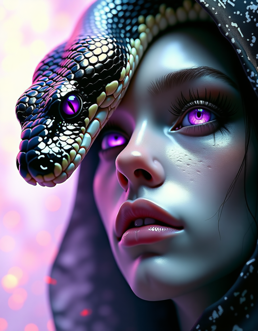 high quality, ultra detailed, colorful, abstract, fantasy, bo-abstract, bo-abyss, a highly detailed digital artwork featuring a close-up of a men face and a snake, the subject's skin is pale, with a smooth texture that resembles scales, and the snake's head is intricately detailed, with its head facing towards the viewer, its eyes are large and expressive, with vivid purple irises and long, dark eyelashes, giving it a mystical, almost ethereal appearance, the eyes are surrounded by a shimmering, iridescent quality, suggesting a magical or otherworldly quality, the background is a soft, gradient of light purple and white, creating a dreamy, ethereal atmosphere, the texture of the scales is smooth and glossy, reflecting light and creating a sense of depth, the overall style is highly realistic with a touch of fantasy, blending elements of realism and fantasy art, the artwork is rich in detail, capturing the textures of the human skin, the colors are vivid and vivid, enhancing the ethereal and otherworldly feel of the scene, partially blended with abstract digital elements. The scene has a dark, moody ambiance. The background features layers of glitch art, fragmented texts, and metallic textures. contrasting against the monochromatic tones of black, grey, and hints of red. Smudged paint and scratches add a sense of decay and technology,