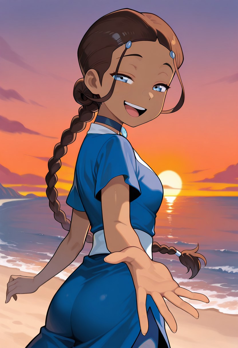 masterpiece, best quality, amazing quality,, <lora:IlluKatara:1> illukatara, dark-skinned female, brown hair, single braid, blue eyes, choker, blue dress, short sleeves, blue pants, <lora:looking-back-reaching-towards-viewer-illustriousxl-lora-nochekaiser:1>, looking back reaching towards viewer, looking at viewer, smile, looking back, open mouth, reaching towards viewer, beach, half-closed eyes, cowboy shot, sunset, , ,