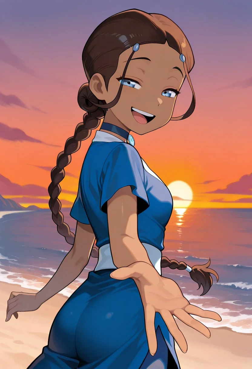 masterpiece, best quality, amazing quality,, <lora:IlluKatara:1> illukatara, dark-skinned female, brown hair, single braid, blue eyes, choker, blue dress, short sleeves, blue pants, <lora:looking-back-reaching-towards-viewer-illustriousxl-lora-nochekaiser:1>, looking back reaching towards viewer, looking at viewer, smile, looking back, open mouth, reaching towards viewer, beach, half-closed eyes, cowboy shot, sunset, , ,