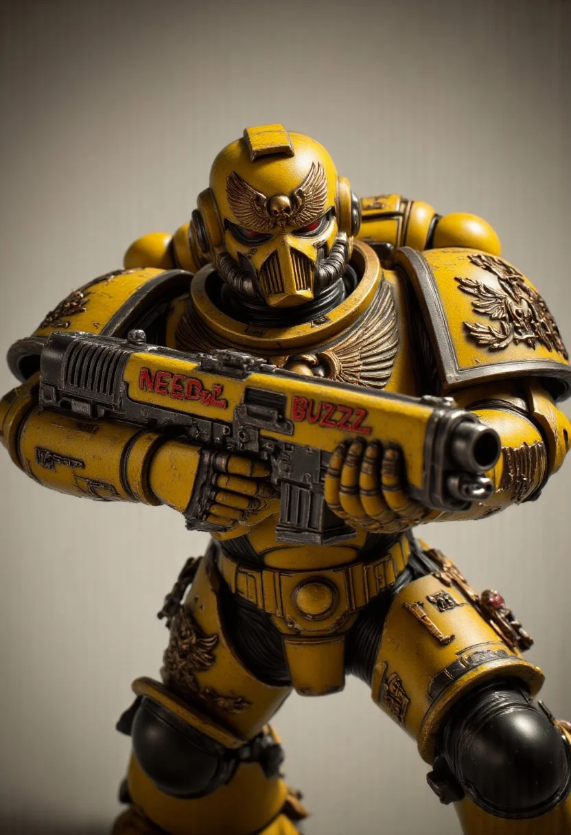 space marine holding a gun with "NEED BUZZ" etched into the side. or with a sign saying "NEED BUZZ" written in blood.
