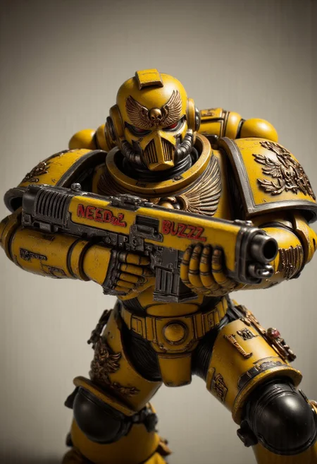 space marine holding a gun with "NEED BUZZ" etched into the side. or with a sign saying "NEED BUZZ" written in blood.