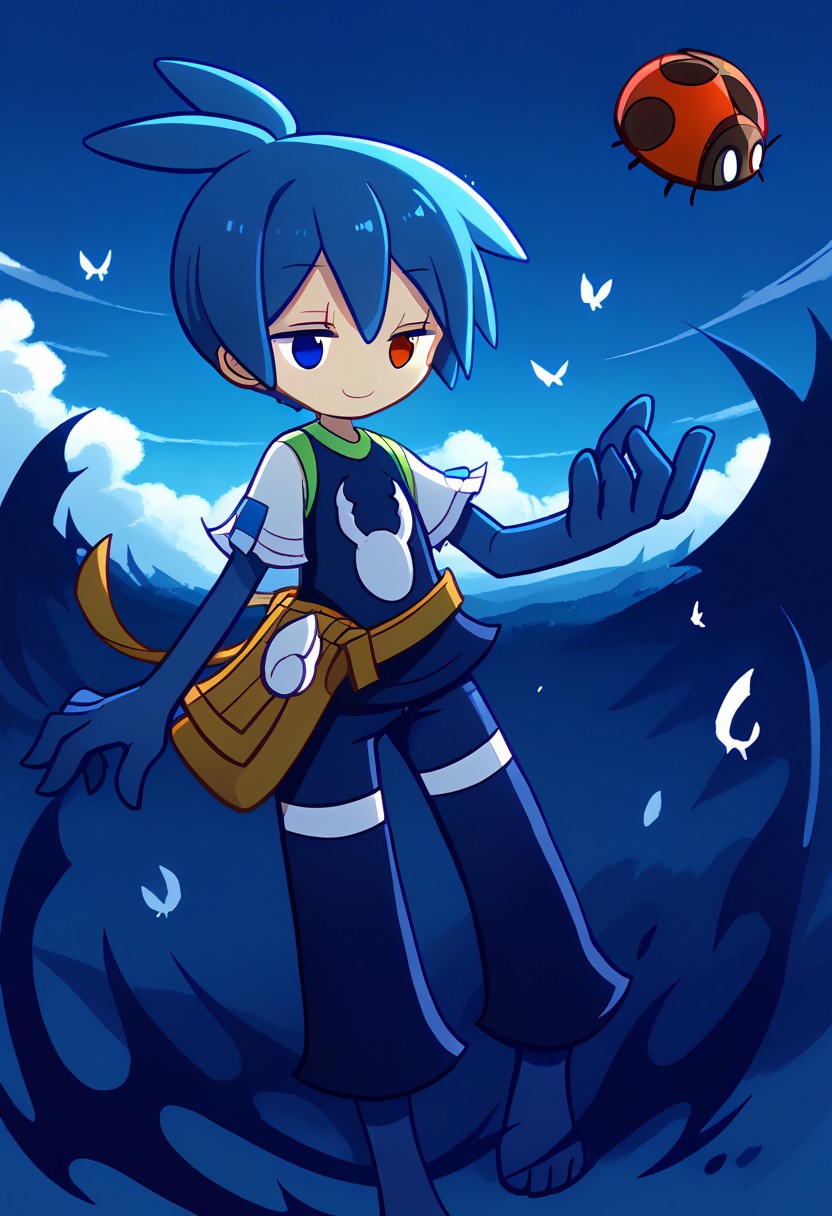 score_9, score_8_up, score_7_up, source_anime, solo, 
1boy, Black Sig, sigbk, (/Puyo Puyo)/, (ultra HD quality details), dark blue hair, straight hair, short hair, hair antennae, (heterochromia, blue eyes, red eyes), dark ((blue arms, dark blue feet, dark blue legs:1.2)),
Dark blue shirt, short sleeves, white sleeves, green edge, pants, dark capri pants,
smile, sky, cloud, bug, ladybug, blob