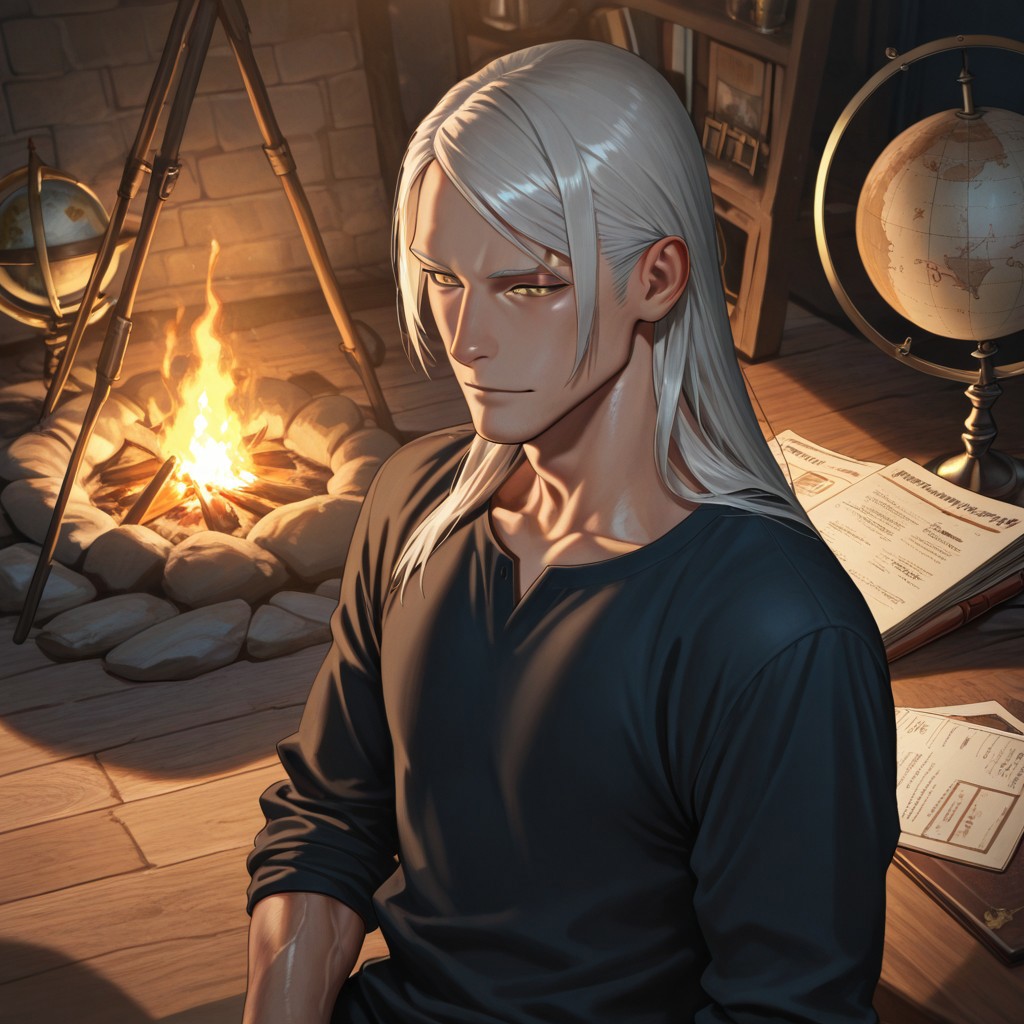 masterpiece, best quality, amazing quality, absurdres, newest, detailed background, definition so sharp, Ultra-HD, 8K cinematic, very awa, impressionate, amazing quality, highres, 
solo, male focus, manly, shadow, shiny skin, mature male, extream close-up, soft coloring,
mitsuhisahachiya, mitsuhisa_grey hair, mitsuhisa_yellow eyes, 1boy, long hair, scar across eyebrow, traveler, storyteller, experienced_man, passport, globe, old_maps, campfire, foreign_city, cultural_exchange, engaging_smile, wise_eyes, comfortable_clothing, warm_atmosphere, listening_audience