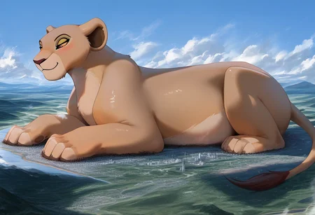 Safe_pos, score_9, score_8_up, score_7_up, detailed face, best quality, 1girl, solo, masterpiece, detailed background, beautiful, detailed eyes, mature female, giantess, macro
side view, lien,
1girl, solo, furry art, feral, Nala, Lioness , Solo, Lion King, Disney, furry, On fours, tail, full body view, slightly chubby,
pin up pose, laying on side, light smile, narrowed eyes, blush
long river, skyline, cityscape, destroyed cityscape, earthquake, steam, fog, craters