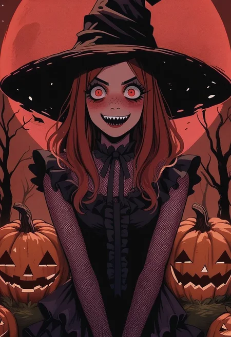 score_9, score_8_up, score_7_up, score_6_up, hllwn, halloween, vintage, source_anime, masterpiece, gloomy and sinister forest, giant red moon, giant pumpkins with evil luminous face, cute witch, red hair, red eyes, blushing, freckles, dark and orange two-tones sorceress dress, sorceress hat, halloween outfit, (two-tones stockings with frills:1.2), (crazy face:1.2), sadistic smile, focus on giant pumpkins