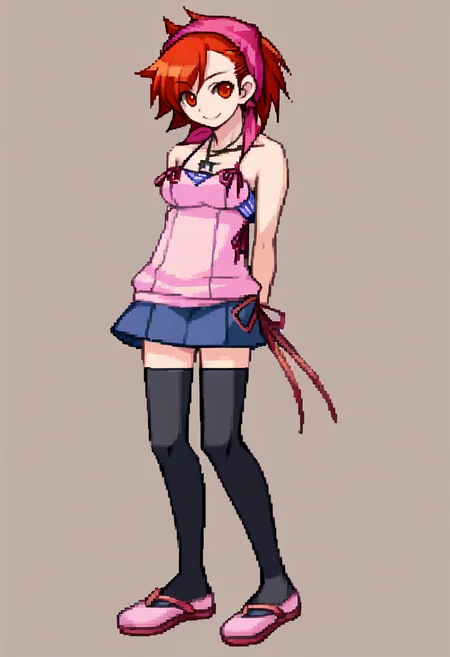 score_9, score_8_up, score_7_up, source_anime, BREAK, solo, 1girl, smile, looking at viewer, <lora:Arcana-Heart-Sprites-pdxl_Fp:1>, simple background, full body, standing, <lora:Yuzu-pdxl_Fp:1>, yuzudesu, orange hair, orange eyes, short hair, bandana, camisole, tube top, necklace, black thighhighs, skirt, pink footwear, arms behind back,