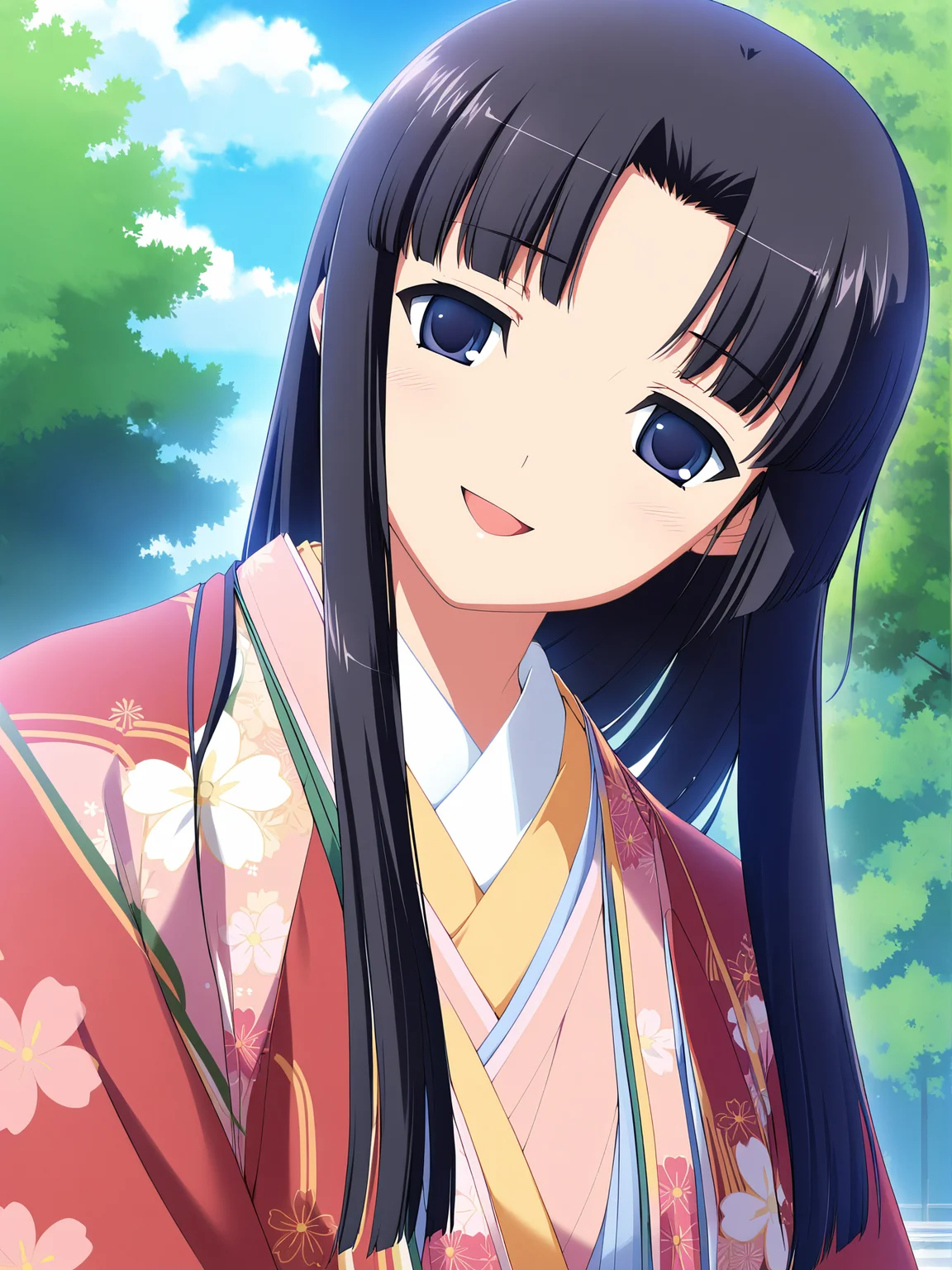 masterpiece, best quality, high quality, aesthetic, absurdres, insanely detailed,
1girl, solo, japanese clothes, kimono, long hair, pink kimono, black hair, smile, day, open mouth, upper body, sky, tree, blue eyes, hime cut, :d, looking at viewer, floral print, layered kimono, black eyes, cloud, purple eyes, sidelocks, parted bangs, outdoors, head tilt, long sleeves, layered clothes, blue sky, blunt bangs, parted lips,
<lora:kawata-hisashi-style-xl_v1.0:1>