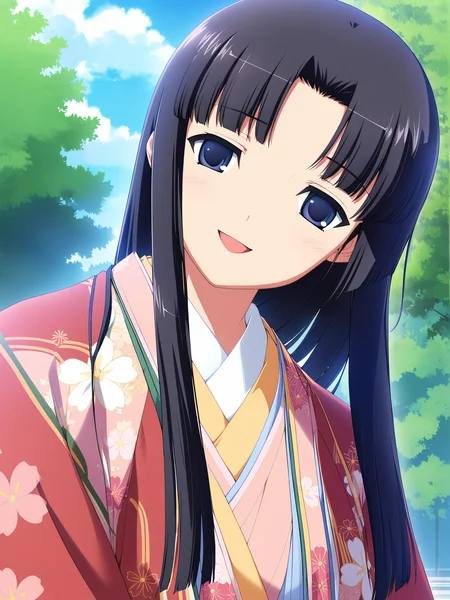 masterpiece, best quality, high quality, aesthetic, absurdres, insanely detailed,
1girl, solo, japanese clothes, kimono, long hair, pink kimono, black hair, smile, day, open mouth, upper body, sky, tree, blue eyes, hime cut, :d, looking at viewer, floral print, layered kimono, black eyes, cloud, purple eyes, sidelocks, parted bangs, outdoors, head tilt, long sleeves, layered clothes, blue sky, blunt bangs, parted lips,
<lora:kawata-hisashi-style-xl_v1.0:1>